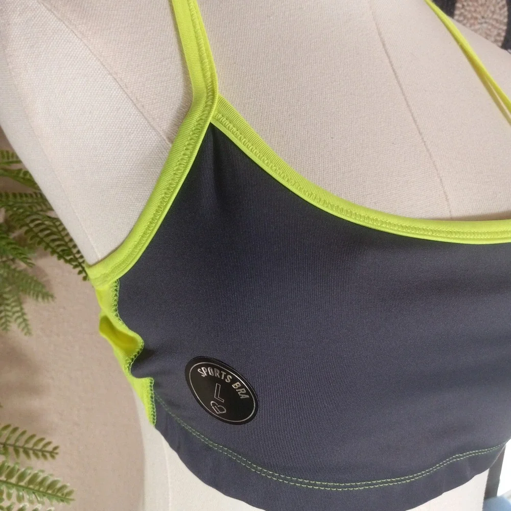 Live Love Dream Womens Sports‎ Bra Gray Neon Yellow Strappy Racerback Mesh Large